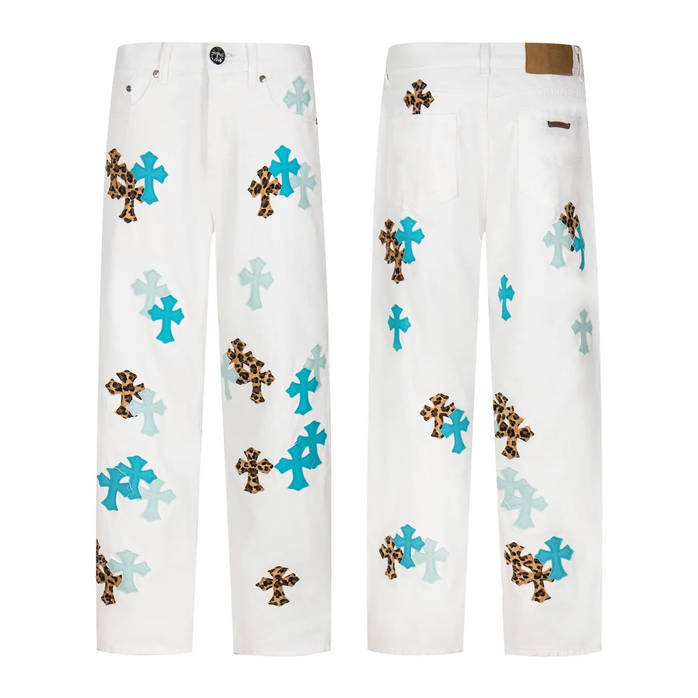 P240 Chrome Hearts 25SS white pants with three-color leopard print blue leather jeans. Chrome Hearts' pants with the most popular colors are made of beaded canvas fabric. Heavy washing makes the upper body of the fabric more textured and the pants are tall and straight! The three-dimensional cutting of the whole trousers is a masterpiece! The hardware is customized by zp. The beaded canvas fabric is thick and soft after being washed. It has good breathability. Customized small leather label. Unique design. The details are simple and elegant, and the workmanship is exquisite. The whole trousers are neatly routed and the details are in place! It’s so cool that both men and women can easily control the genderless trend! Style number: 1771# Color: White Size: 28 30 32 34 36
